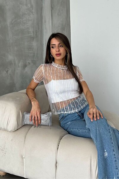 Caddebostan Moda Sequin Tulle Detailed Short Sleeve Stylish Women's T-Shirt B...