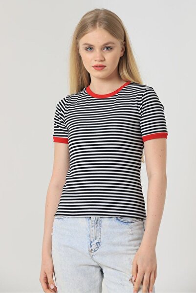 Caddebostan Moda Women's Striped Crew Neck Short Sleeve Slim Fit Knitted T-Shirt