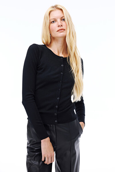 Perspective Knitwear Regular Fit Standard Length Plug Sleeve Crew Neck Black Cardigan