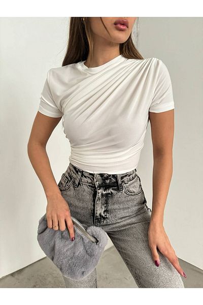 Modamorfo Αμμώδης μπλούζα με κοντό μανίκι σταυρωτό κορδόνι -λευκό