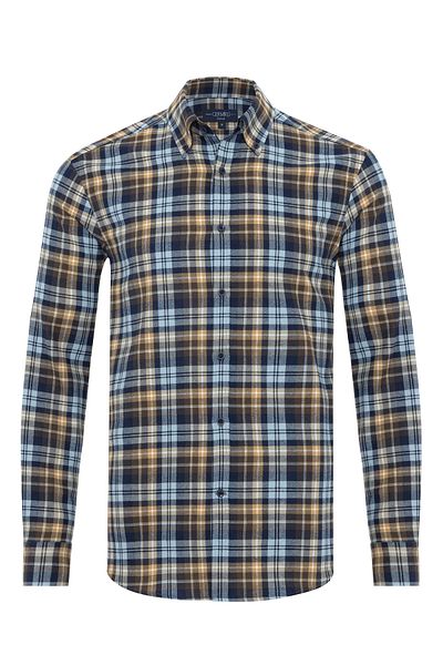 Germirli Blue Coffee Flannel Plaid Albiate Buttoned Collar Tailor Fit Cotton Lumberjack Shirt