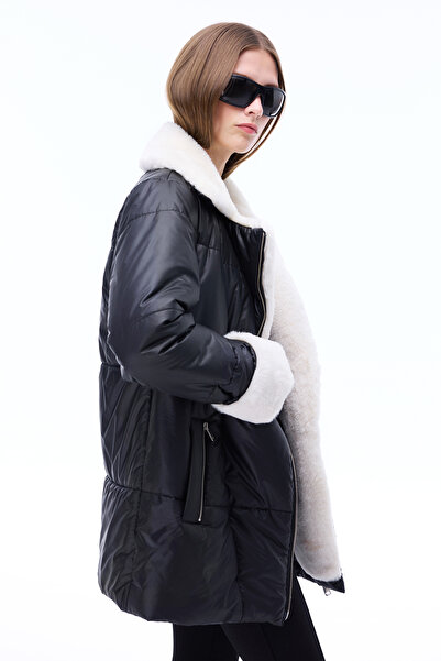 Perspective Awans Regular Fit Above Knee Fitted Sleeve Shirt Collar Black Coat