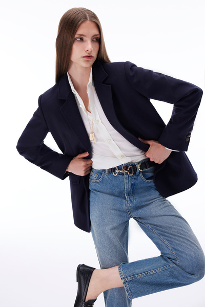 Perspective Sensorial Regular Fit Standard Length Fitted Sleeve Jacket Collar Navy Blue Jacket