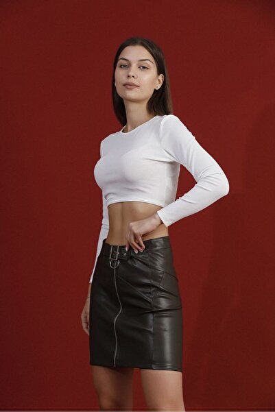 Caddebostan Moda Ψηλόμεση μίνι φούστα από συνθετικό δέρμα με φερμουάρ και λεπ...