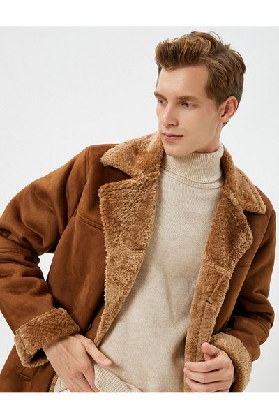 Koton Suede Look Jacket Double Breasted Plush Inside Collar Buttoned Pocket