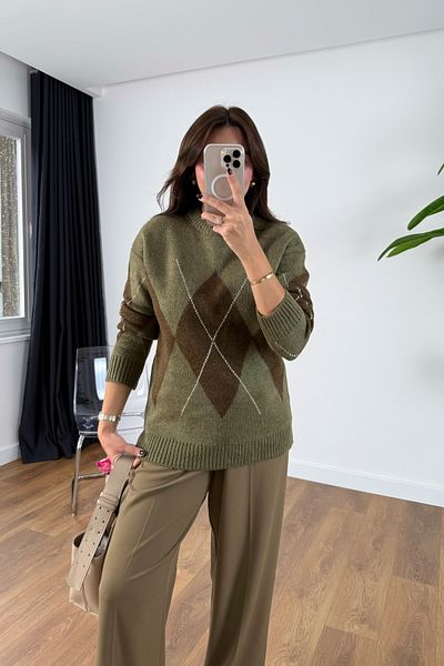 BİRCANÇİL Lone Khaki Brown Diamond Patterned Knitwear