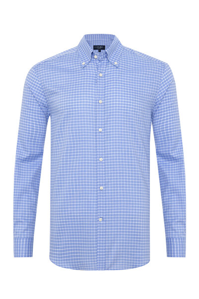 Germirli Mavi Kare Desenli Albini Relax Formula Tailor Fit  Saf Pamuk Exclusi...