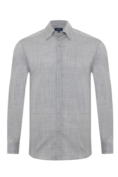 Germirli Gri Melanj Thomas Mason Düğmeli Yaka Tailor Fit Saf Yün Gömlek