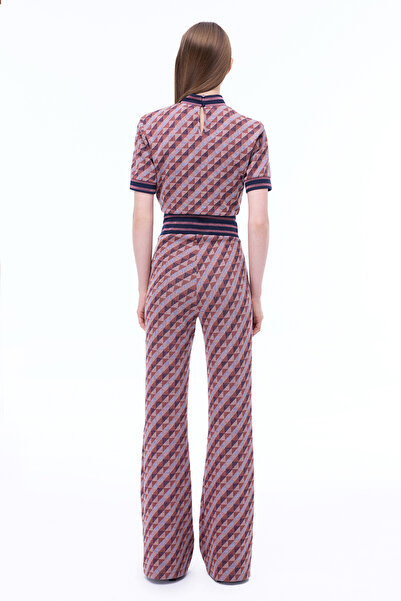 Perspective Alcors Slim Fit Geometric Pattern Crop Oversize Plugging Sleeve Crew Neck Burgundy Blouse