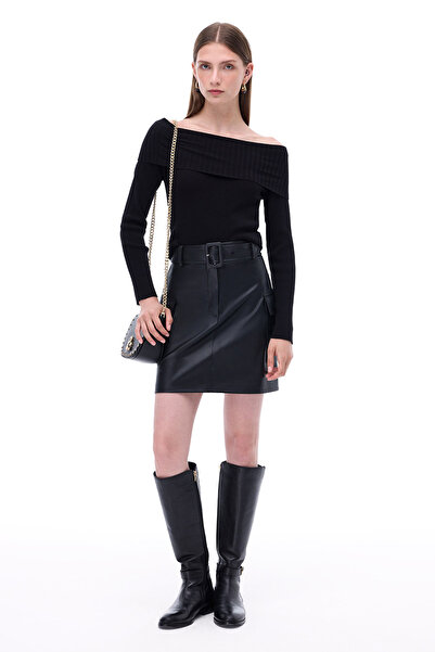 Perspective Πλεκτό Slim Fit Standard Size Raglan Sleeve Boat Neck Μαύρη μπλούζα