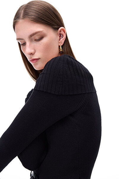 Perspective Πλεκτό Slim Fit Standard Size Raglan Sleeve Boat Neck Μαύρη μπλούζα