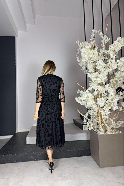 gesmoda G1184 Flok Baskılı Anvelop Elbise Siyah