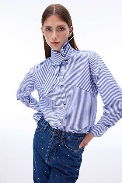 Perspective Adalias Stripe Print - Low Sleeve White Indigo Shirt, Regular Fit