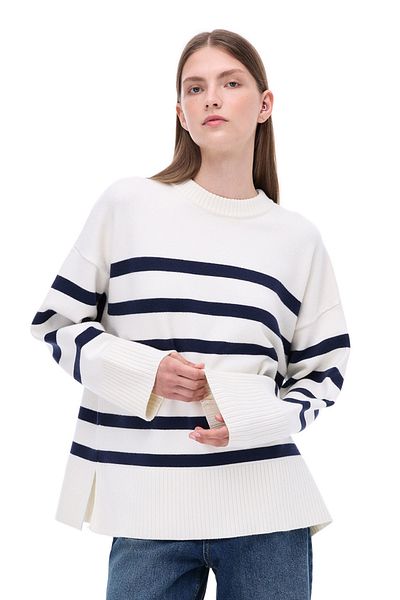 Perspective Knitwear Regular Fit Standard Length Low Sleeve Crew Neck Ecru Sweater