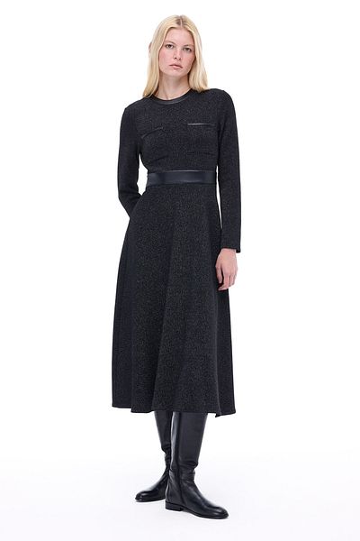 Perspective Anderas Regular Fit Midi Length Plug Sleeve Crew Neck Black Dress