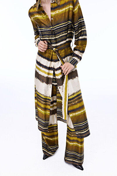 Perspective Retro Rahat Kalıp Midi Boy Takma Kol Gömlek Yaka Çok Renkli Elbise