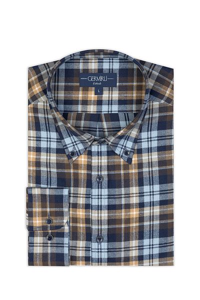 Germirli Blue Coffee Flannel Plaid Albiate Buttoned Collar Tailor Fit Cotton Lumberjack Shirt