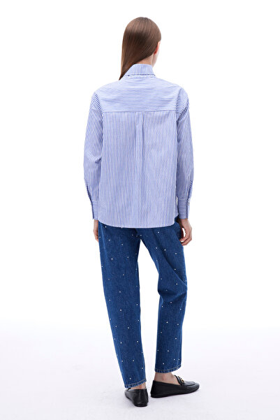 Perspective Adalias Stripe Print - Low Sleeve White Indigo Shirt, Regular Fit