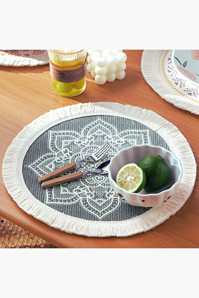 Bc Home Gri Bohem Jüt Supla, Doğal Püsküllü 30 x 30 cm Yuvarlak Amerikan Servis,tabak Altlığı, Hasır,1 Adet