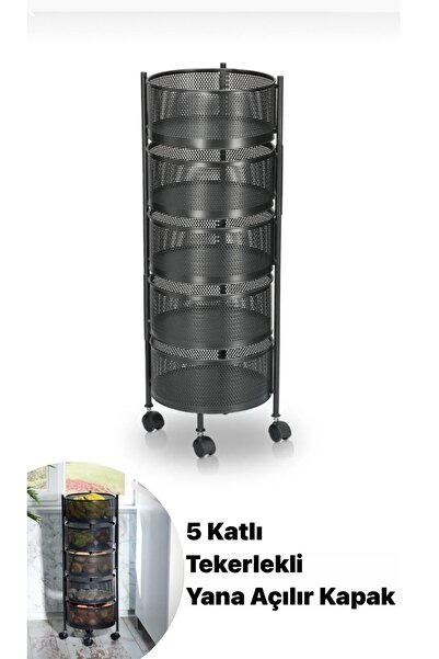 Bayev 5 Katlı Yana Açılır Salda Siyah Tekerlekli Patates Soğan Sepeti Sebze M...