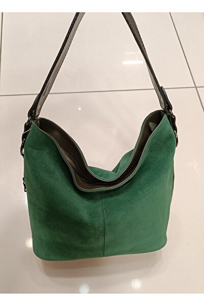 Sellona Bags Kadın,  Yeşil Süet Hakiki Deri, Yumuşak, Salaş Omuz Çantası