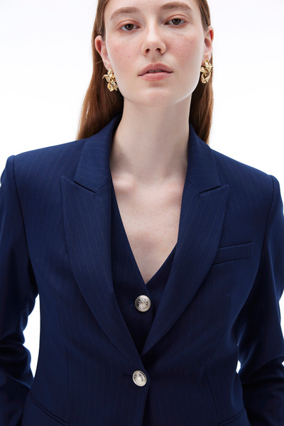 Perspective Actors Slim Fit Short Length Fake Sleeve Jacket Collar Navy Blue Jacket