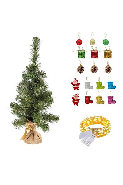 Mashotrend Çuhalı Yılbaşı Çam Ağacı 60 cm 56 Dal +5 Metre Peri Led + 17 Parça Süslü Çam Ağacı - Yılbaşı Ağacı