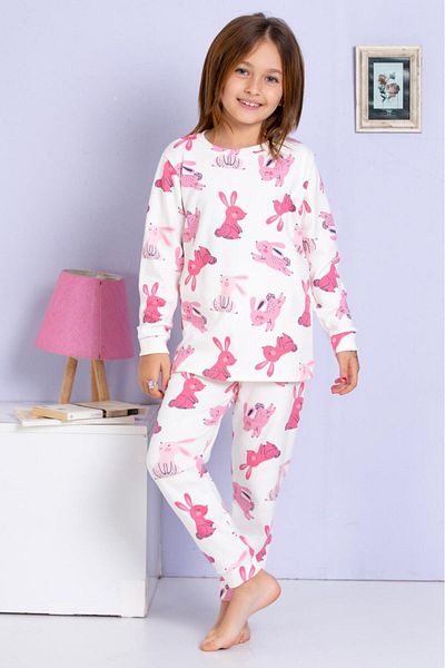 MADALİNA Girl's 100% Cotton Waiter Boy Rabbits Print Pajamas Set