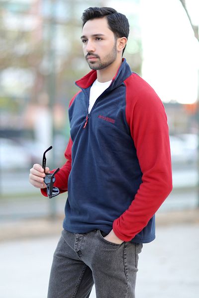 JB John Borners Men's Stand Collar Polar Navy Blue Red Garnished Half Zipper Embroidered - 6055