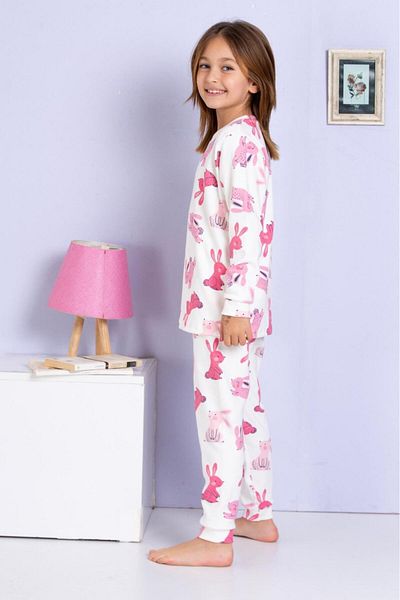 MADALİNA Girl's 100% Cotton Pink Rabbit Pattern Patterned Pajamas Set