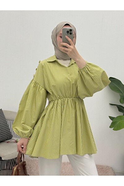 Modamorfo تونيك مخطط بخط رقبة على شكل V وأكمام و خصر مرن - أخضر زيتي