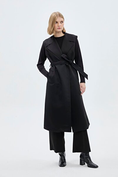 Zühre Kruvaze Yaka Cep Detaylı Yelekli Siyah Trençkot 13536