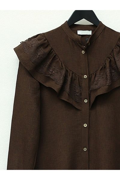 Modamorfo Soudce Neck Neck Lace Ruff Line Tunika - Hnědá