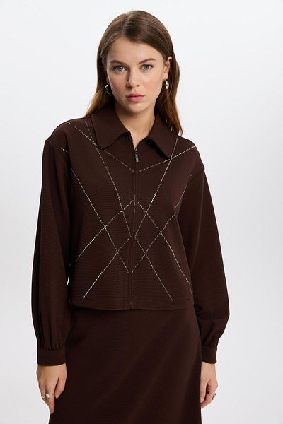 Zühre Tk-1378 Model Coffee Color Shirt Collar Zipper Suit Set