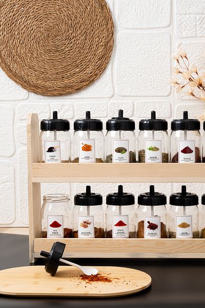çarşıdayız 12-Piece Glass Spice Rack Set with Wooden Stand and Spoon - 330 Cc Jar with 24 Tags Gift