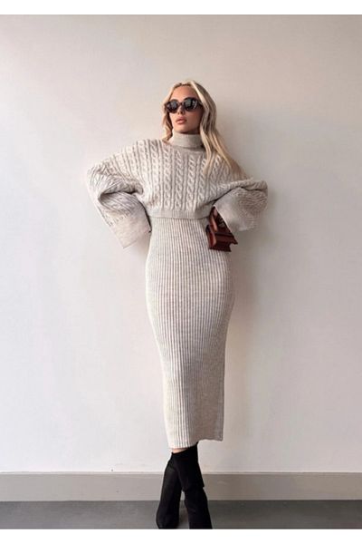 MATHICK FASHION STYLE Magas nyakú kötött motívumú Crop pulóver és kötött ruha szett