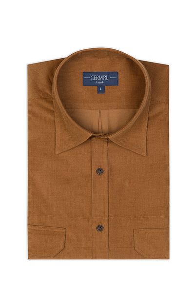Germirli Camel Color Thin Velvet Soft Collar Tailor Fit Utility Pure Cotton Shirt