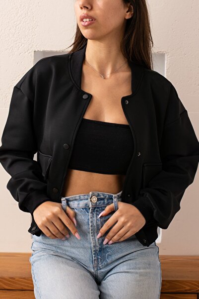 Seniorah Black Diver Fabric Double Pocket Bomber Jacket