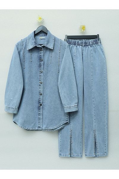 Modamorfo Eisblauer Doppel-Jeansanzug mit Schlitz und Steindetails