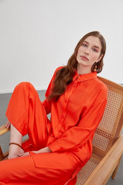 Zühre Orange Shirt Collar Long Double Set - Tk-1278