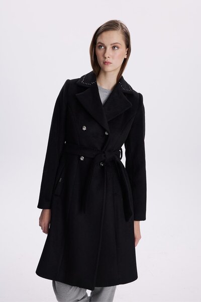 Zühre Double Breasted Collar Belted Black Coat 13664