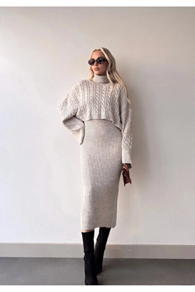 MATHICK FASHION STYLE Σετ φόρεμα με ψηλό πλεκτό μοτίβο Crop πουλόβερ και πλεκτά