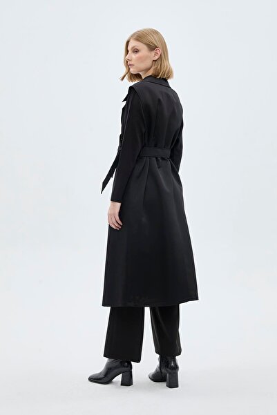 Zühre Kruvaze Yaka Cep Detaylı Yelekli Siyah Trençkot 13536