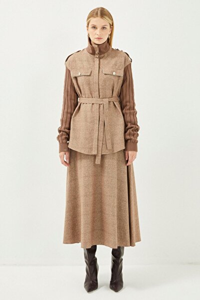 Zühre Dik Yaka Kol Detaylı Vizon İkili Takım TK-1198