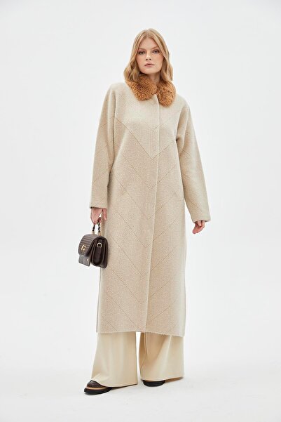 Zühre Γούνινος γιακάς με σχέδιο μπεζ πλεκτό παλτό 13725