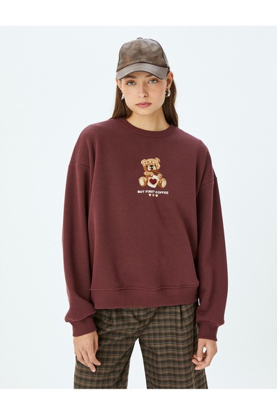 Koton Hanorac oversize cu decolteu rotund, cu slogan brodat cu urs