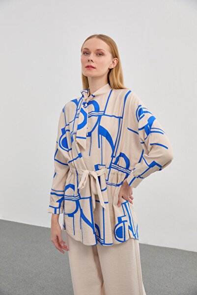 Zühre Patterned Scarf Collar Beige/Sax Double Suit TK-0701