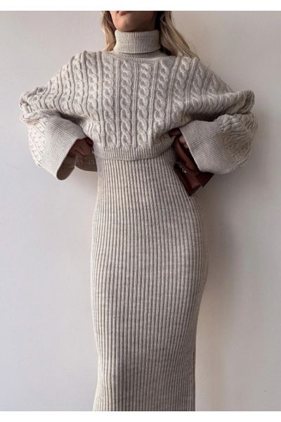 MATHICK FASHION STYLE Magas nyakú kötött motívumú Crop pulóver és kötött ruha szett