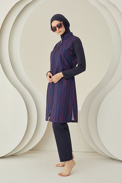 NBB Hijab Swimsuit - Navy Blue Line Patterned, Woven