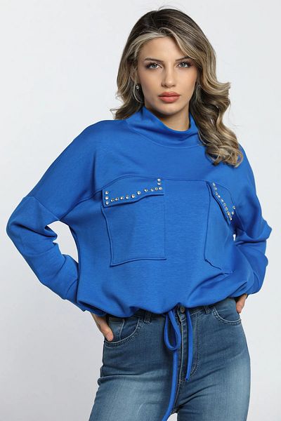 GÜLSELİ Sax Blue Half Turtleneck Double Pocket Stylish and Comfortable Rhinestone Sweatshirt with Waist Tie Detail
